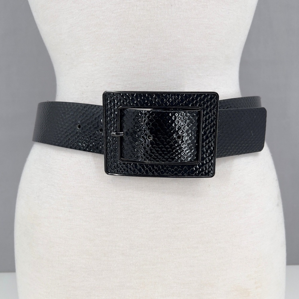 Women's Wide Black Leather Belt M Snakeskin Embossed Oversized Vintage Statement